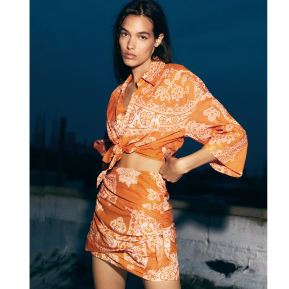 BLOGGER'S FAVE! Zara 2 Piece Printed Mini Skirt And Top Set Burnt Orange NWT - Picture 2 of 16